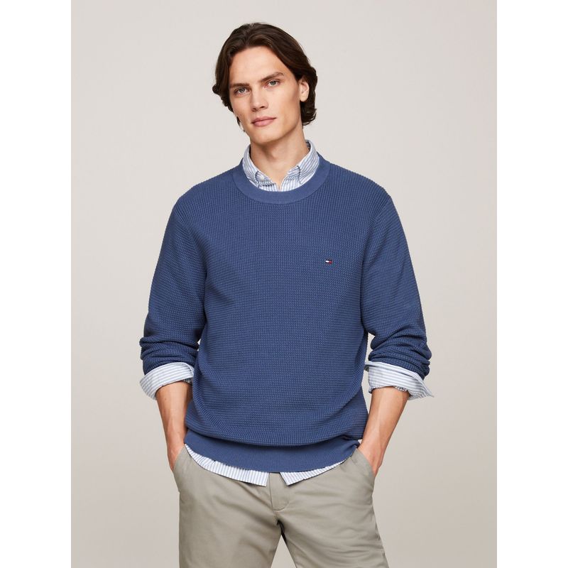 TOMMY HILFIGER - Saco azul tejido de punto gofrado con cuello redondo Tommy Hilfiger