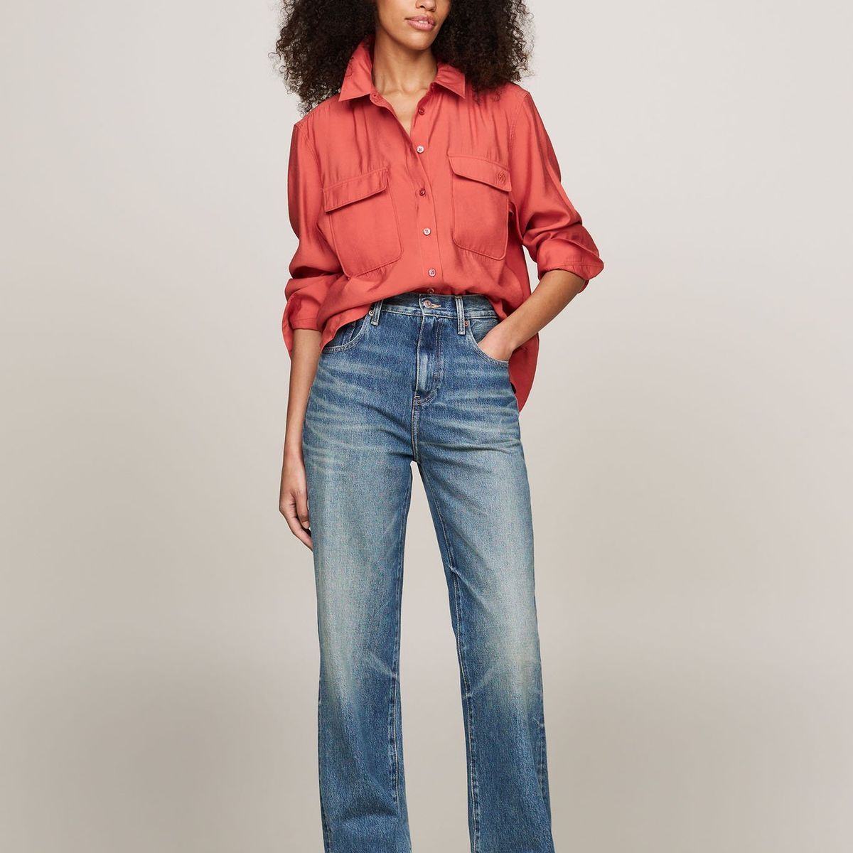 TOMMY HILFIGER - Camisa roja de corte amplio con bolsillos Tommy Hilfiger