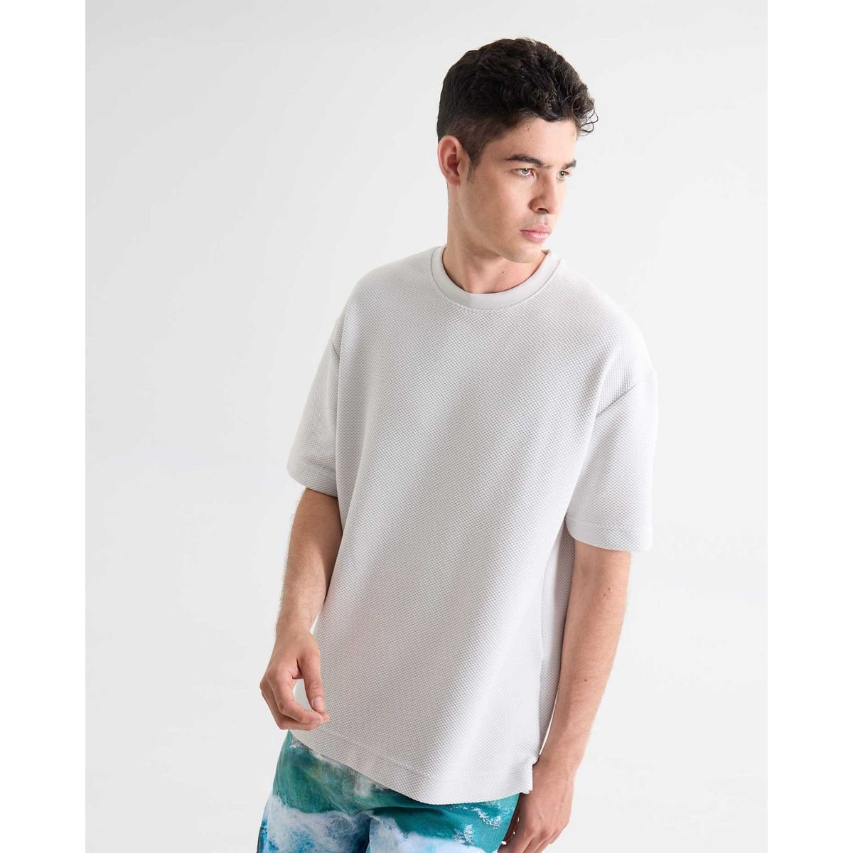 SEVEN SEVEN - Camiseta Tejida Texturizada Oversize  Para Hombre Marfil Seven Seven