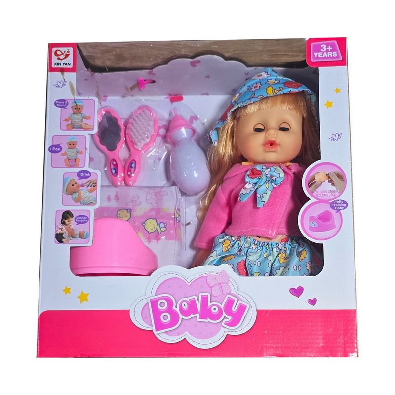 GENERICO - Muñeca Vestido Flores Pañal Bacinilla Espejo Peine Tetero