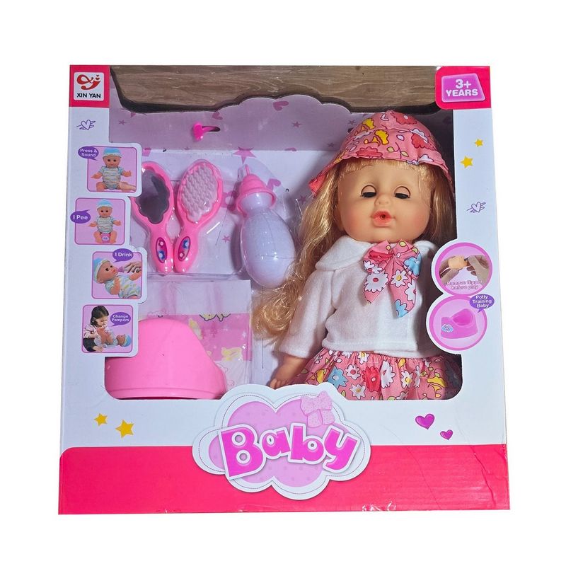 GENERICO - Muñeca Vestido Flores Pañal Bacinilla Espejo Peine Tetero