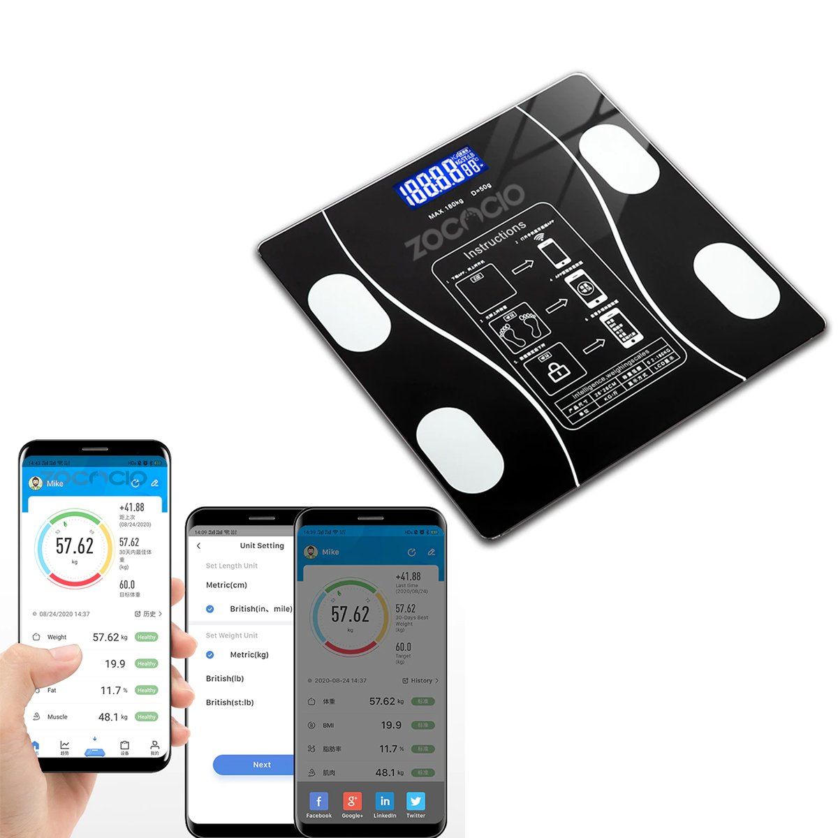 ZOCOCIO - Bascula Inteligente Bluetooth Digital Analiza Índicecorporal