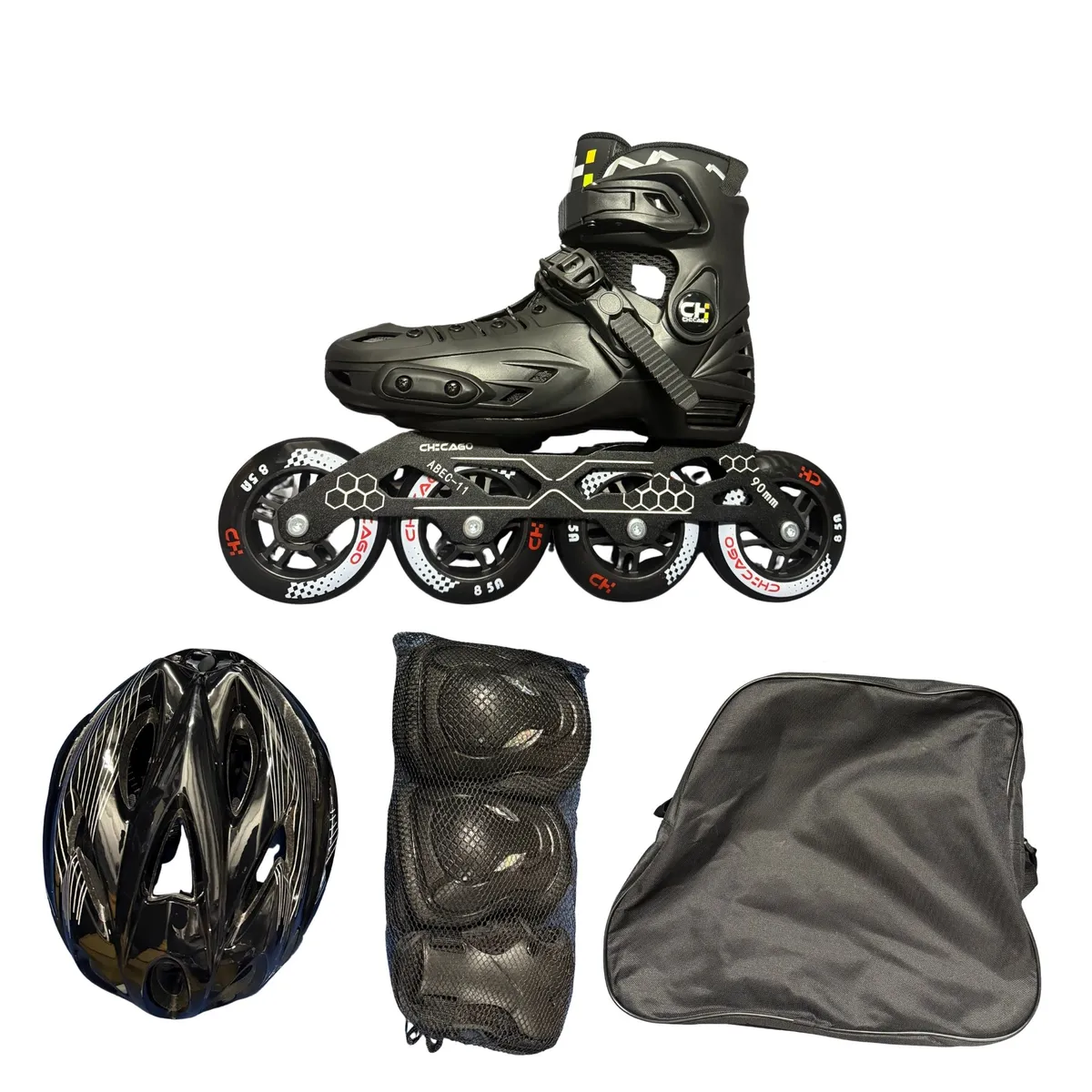 CHICAGO - Patines en Línea Semiprofesionales Bota Dura Unisex Talla M 32-35 Negro