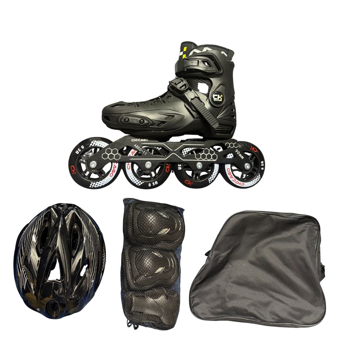 CHICAGO - Patines en Línea Semiprofesionales Bota Dura Unisex Talla M 32-35 Negro