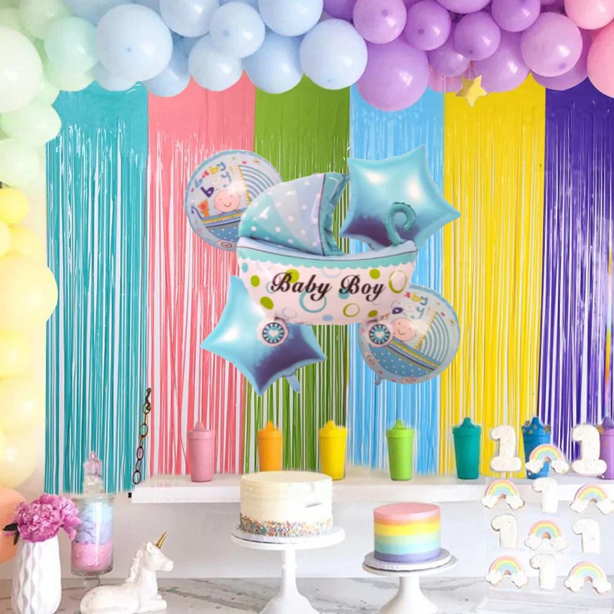 GENERICO - Kit Decoración para Baby Shower Globos + Cortina x 6 Pzs
