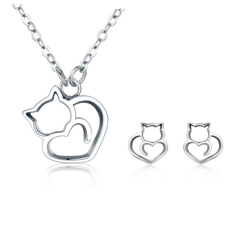 ALHAJAS - Set De Collar Y Aretes Para Mujer Diseño Gato Fabricado En Plata 925