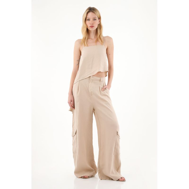 TENNIS - Pantalón Wide Leg en 100% lino café para mujer