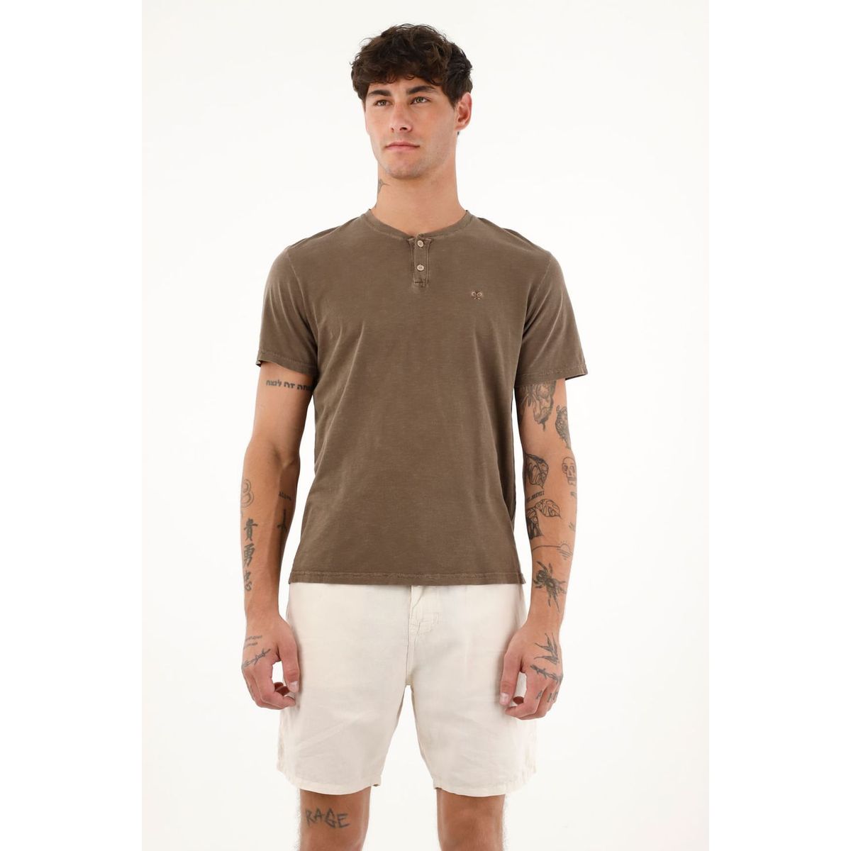 TENNIS - Camiseta café de cuello henley para hombre
