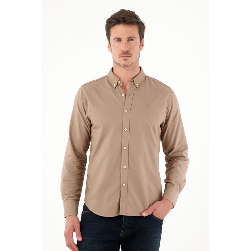 TENNIS - Camisa de silueta clásica con raqueta bordada café para hombre