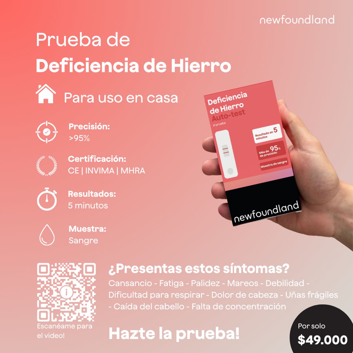 NEWFOUNDLAND - Prueba Deficiencia Hierro - Autotest Salud en Casa - Precisión 95%