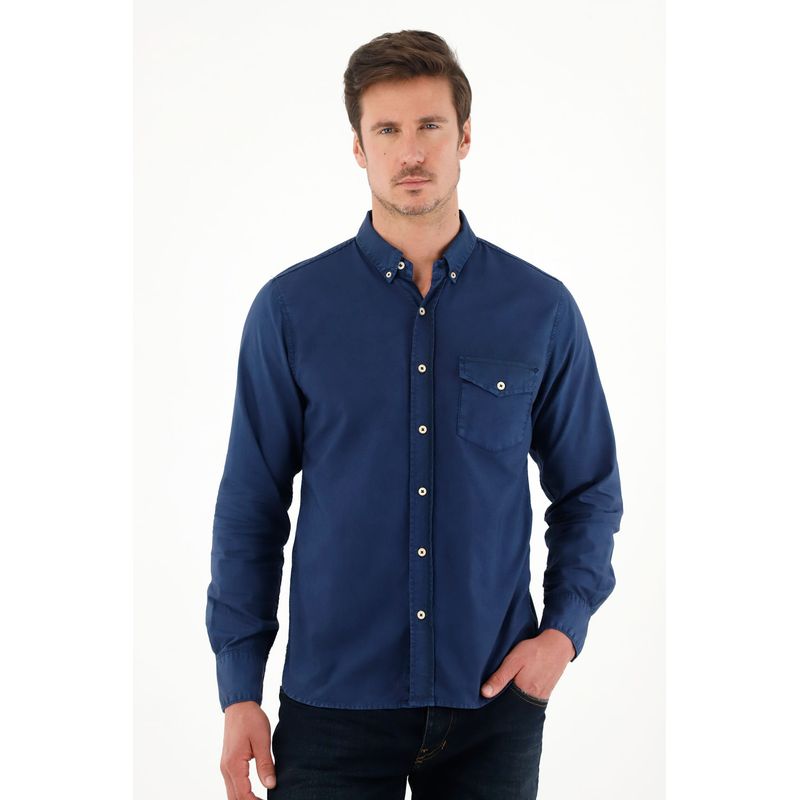 TENNIS - Camisa de silueta clásica manga larga azul para hombre