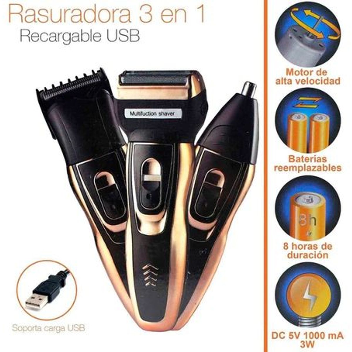 GENERICO - maquina de afeitar recargable usb 3 en 1 geemy