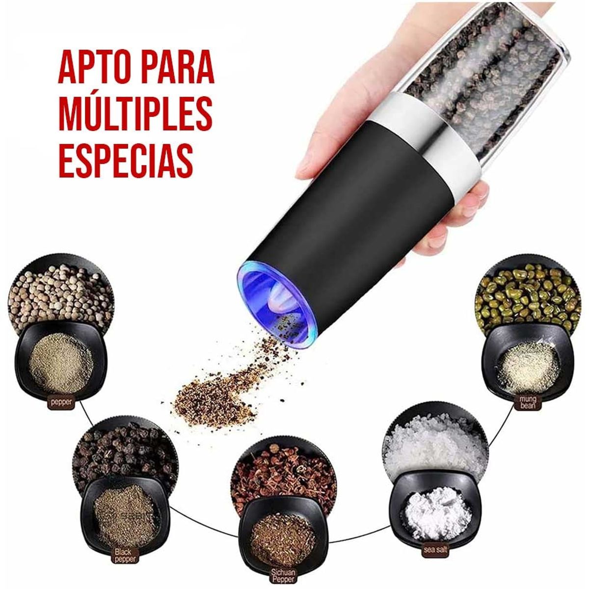 ONE PIXEL - Set x2 Molino De Especias Electrico Con Luz LED Sensor De Gravedad