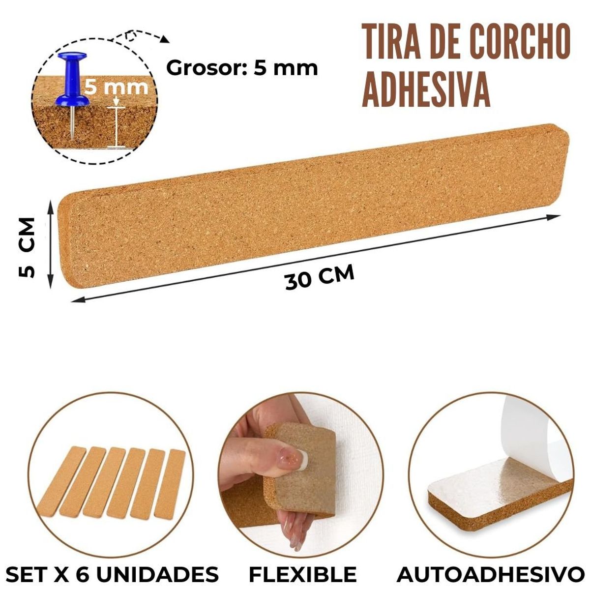 GENERICO - Tiras Autoadhesivas De Corcho (Set x 6 unid)