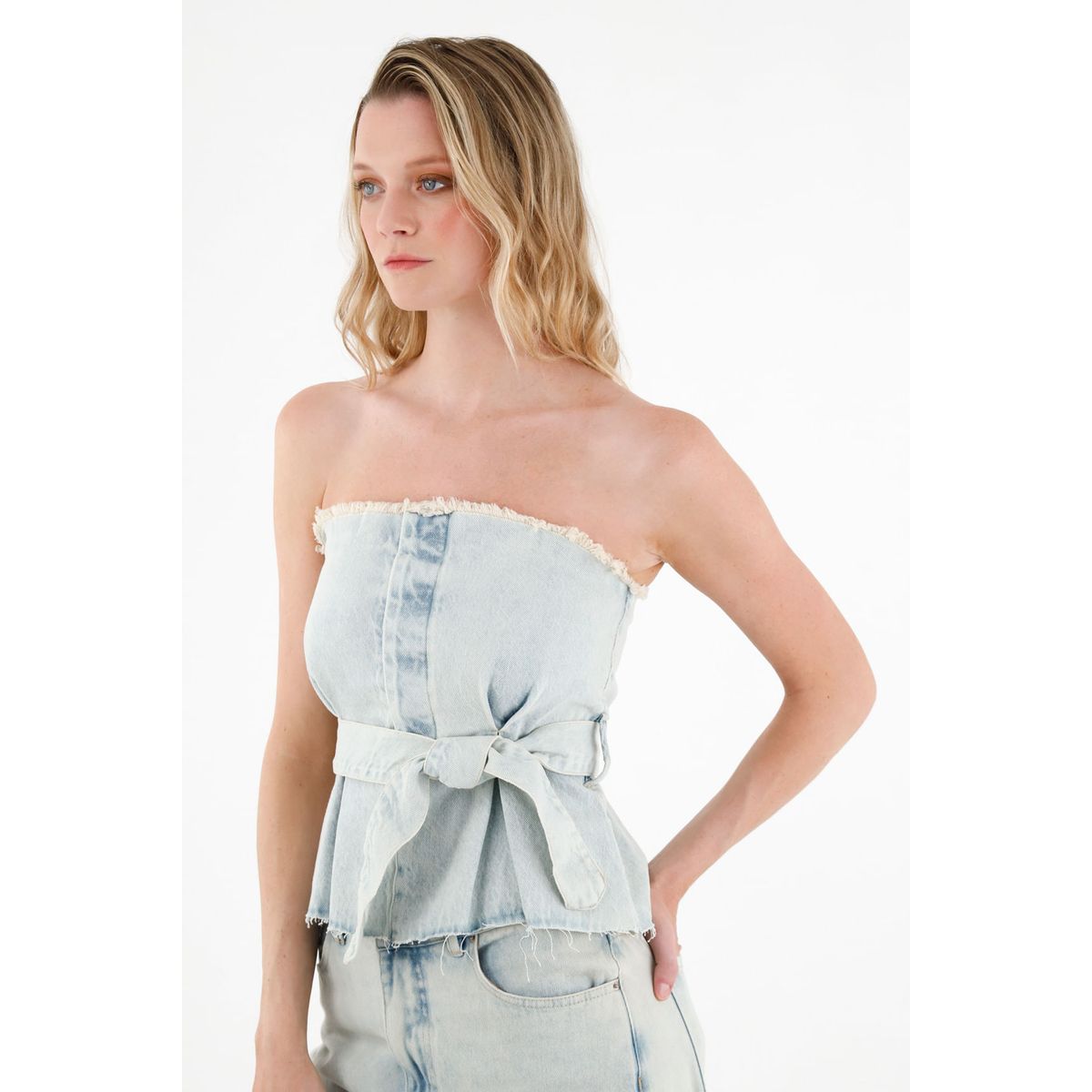 TENNIS - Camisa strapless en demin azul para mujer