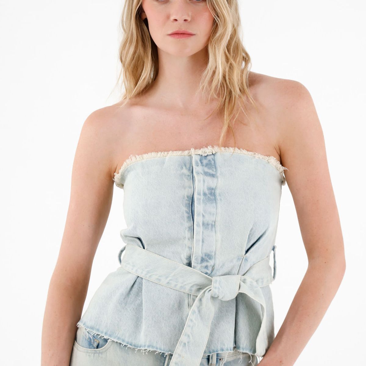 TENNIS - Camisa strapless en demin azul para mujer