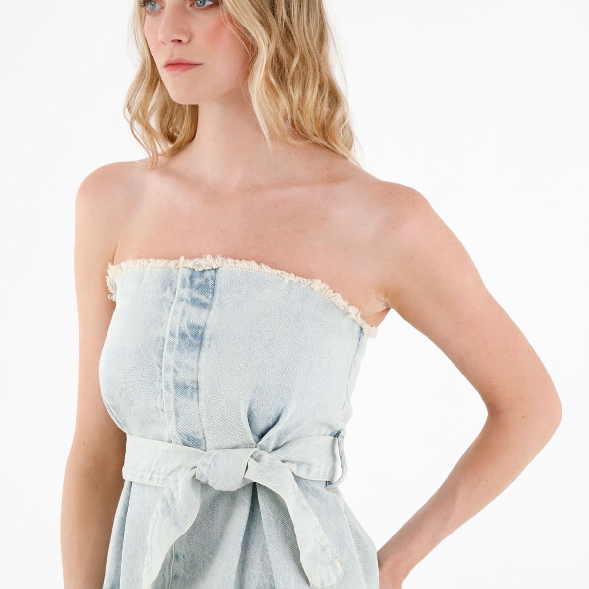 TENNIS - Camisa strapless en demin azul para mujer