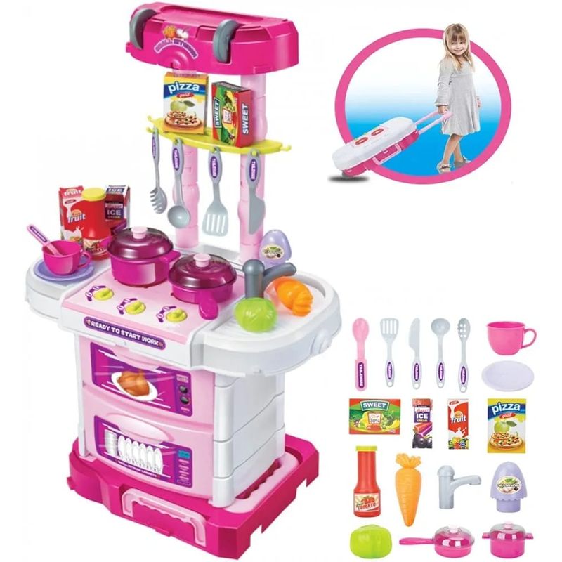 LITTLE CHEF - Cocina Infantil 3 En 1 Maleta Kit 43 Piezas Luces Mas Sonido