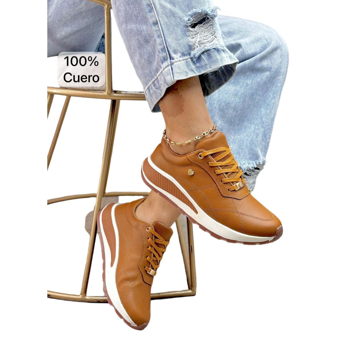 EVEGONZ - Tenis en Cuero Para Mujer Zapatos Confortables Café