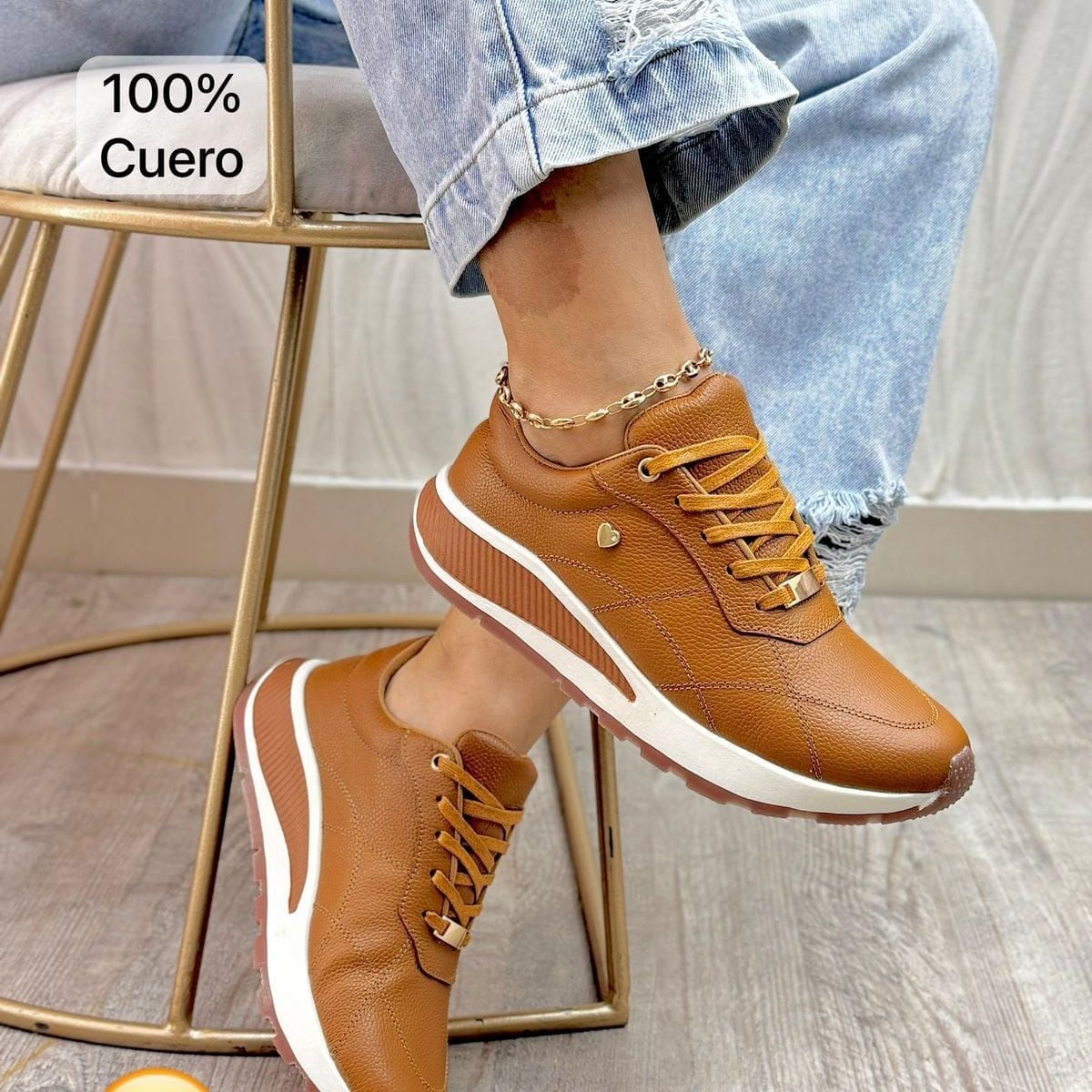 EVEGONZ - Tenis en Cuero Para Mujer Zapatos Confortables Café