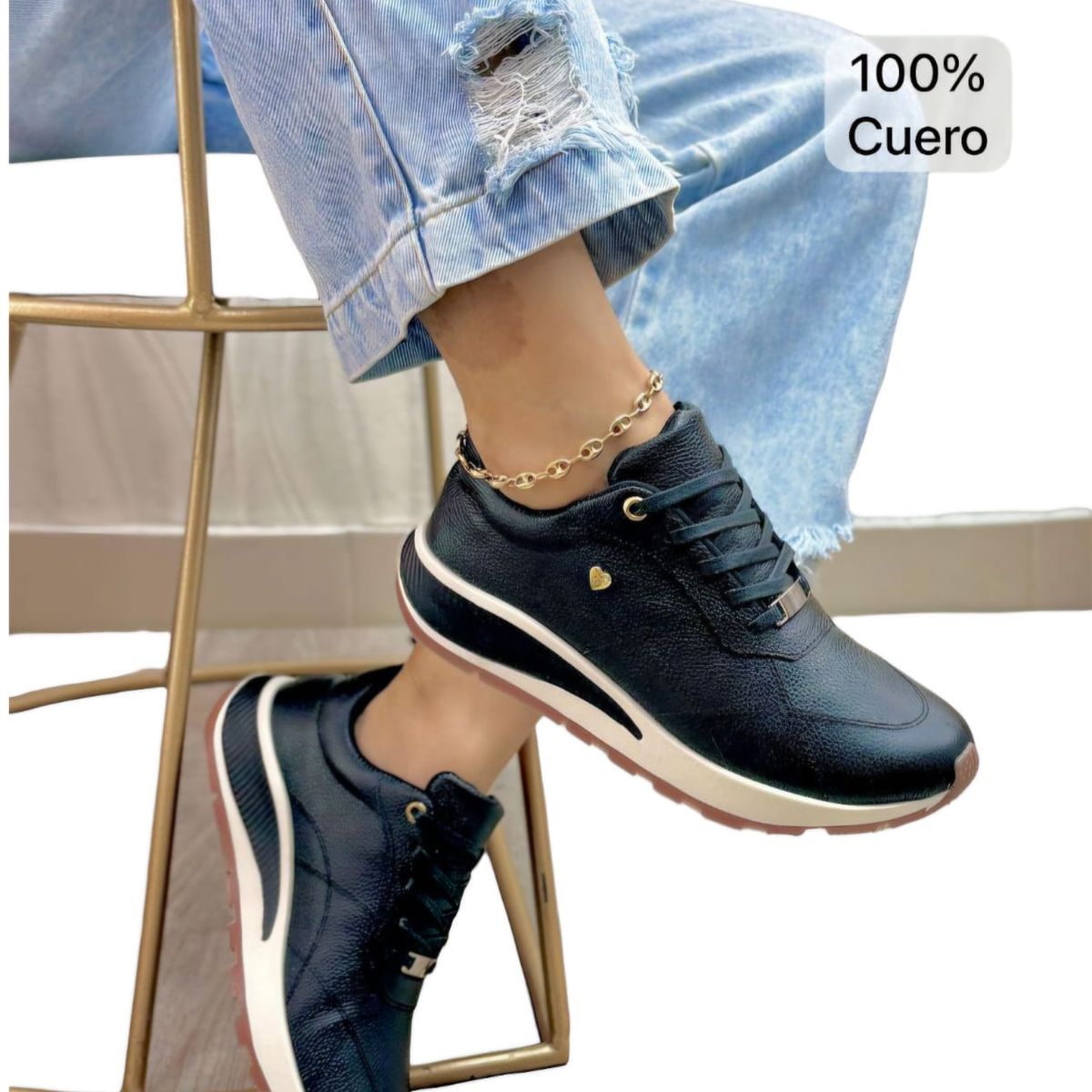 EVEGONZ - Tenis en Cuero Para Mujer Zapato Cómodo Negro