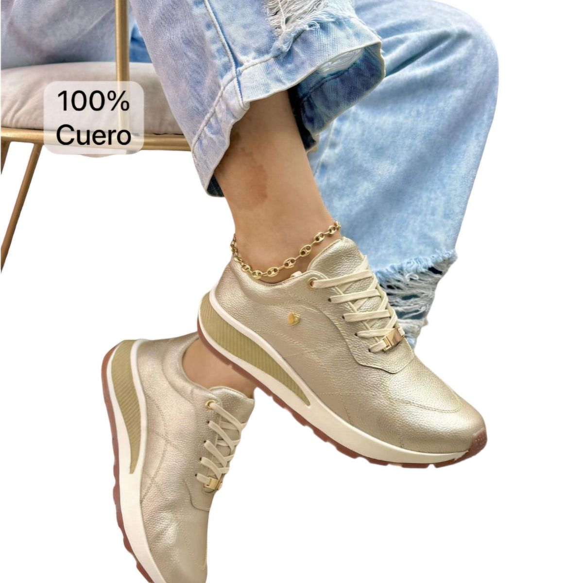 EVEGONZ - Tenis en Cuero Para Mujer Zapato Confortable Dorado