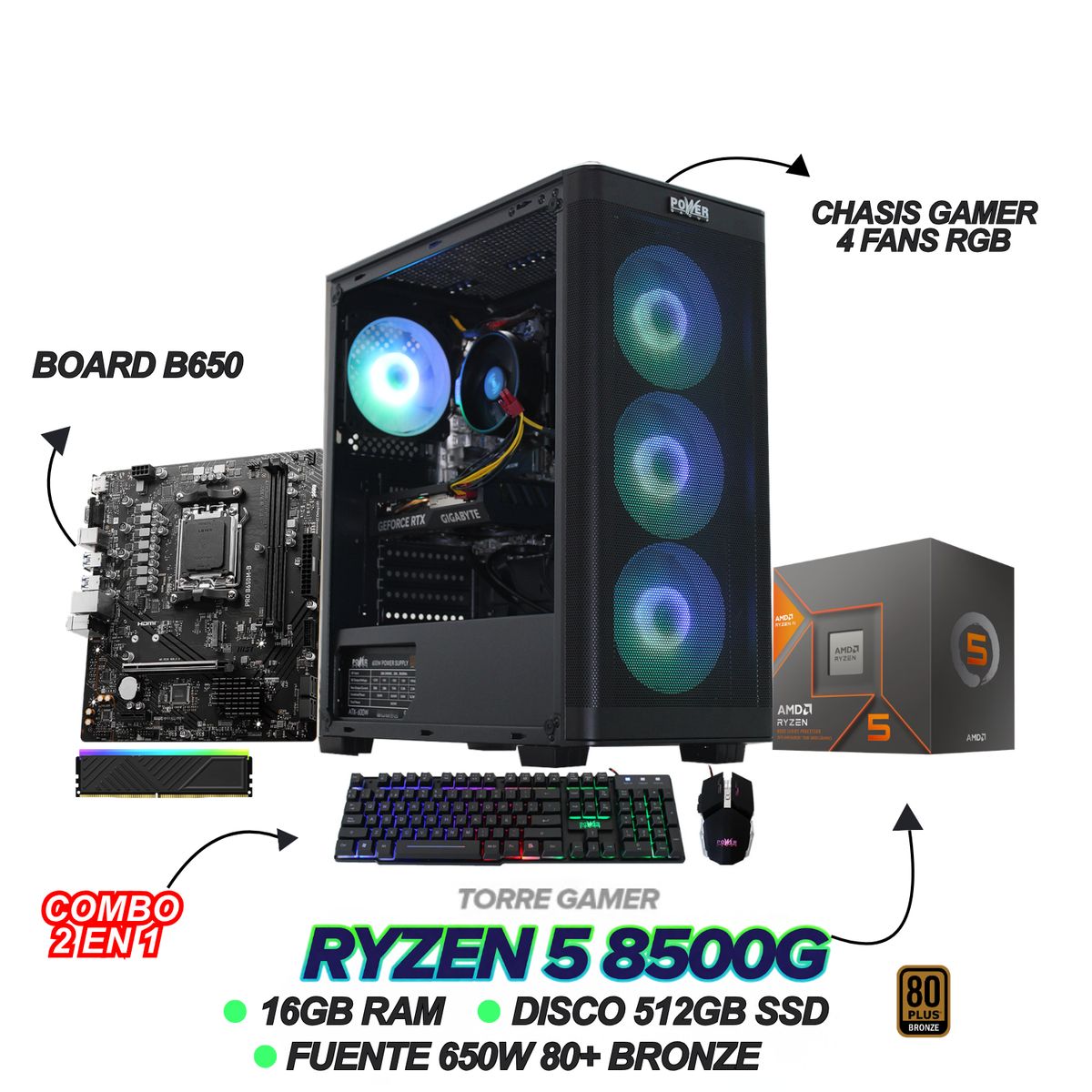 AMD - PC GAMER RYZEN 5 8500G - 16GB RAM DDR5 - 512GB SSD - BOARD B650 - FUENTE 650W + COMBO 2 EN 1