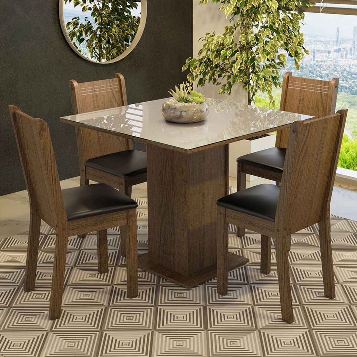 MADESA - Juego de Comedor Perla con 4 Sillas - Tablero de Madera y Cristal