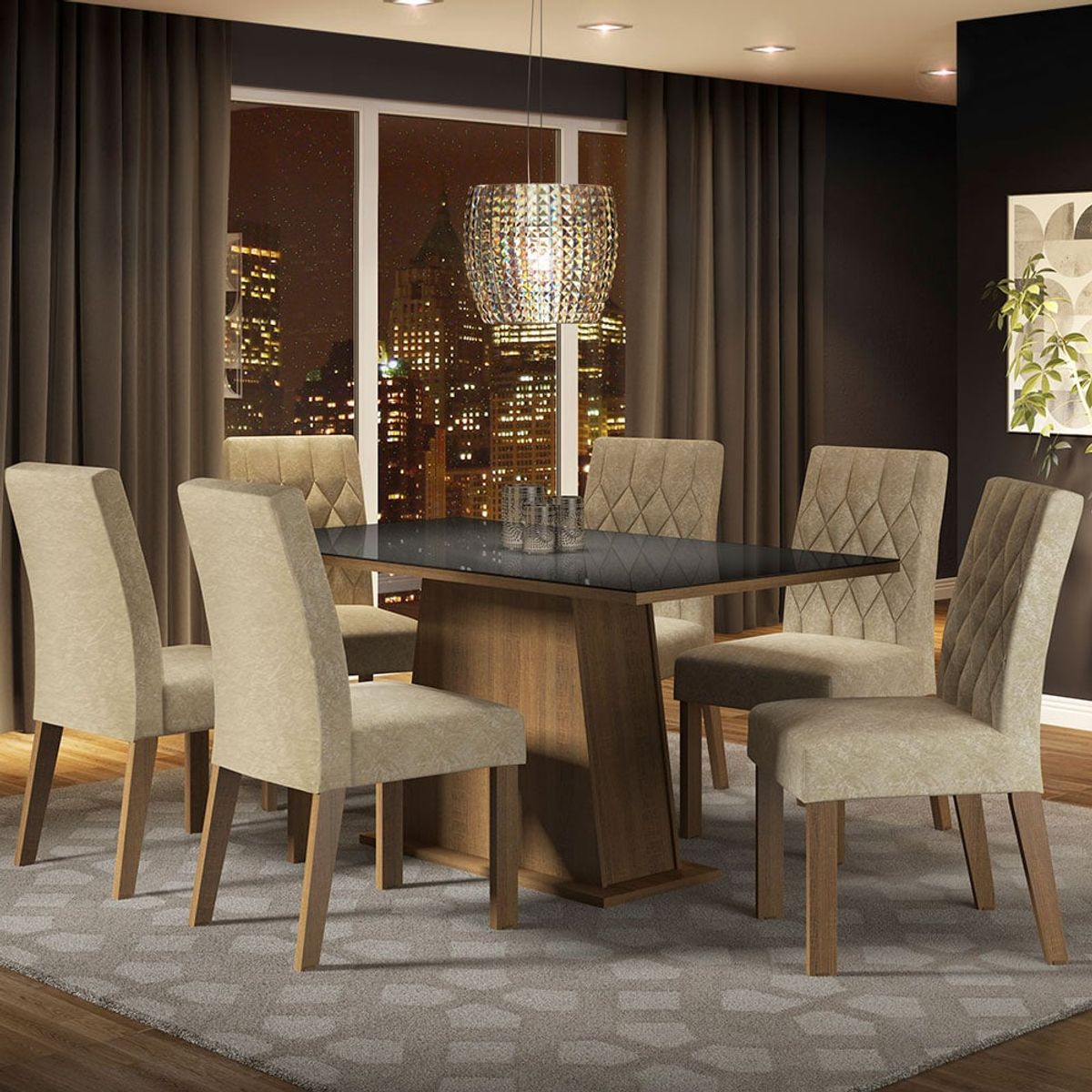 MADESA - uego de Comedor Stéfani con 6 Sillas - Tablero de Madera y Cristal