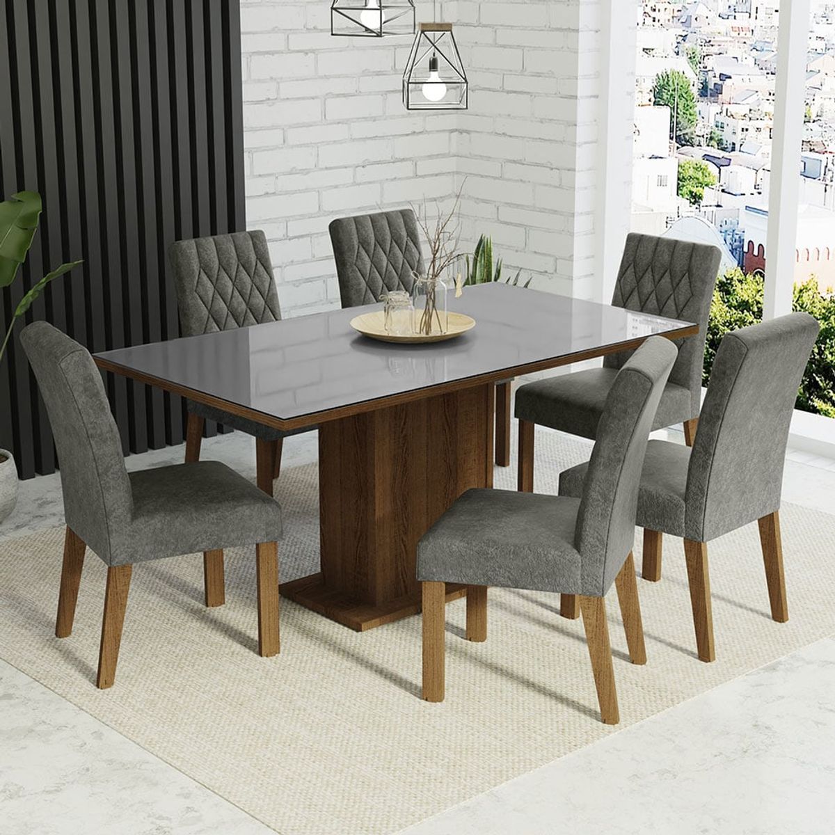 MADESA - Juego de Comedor Geórgia con 6 Sillas - Tablero de Madera y Cristal