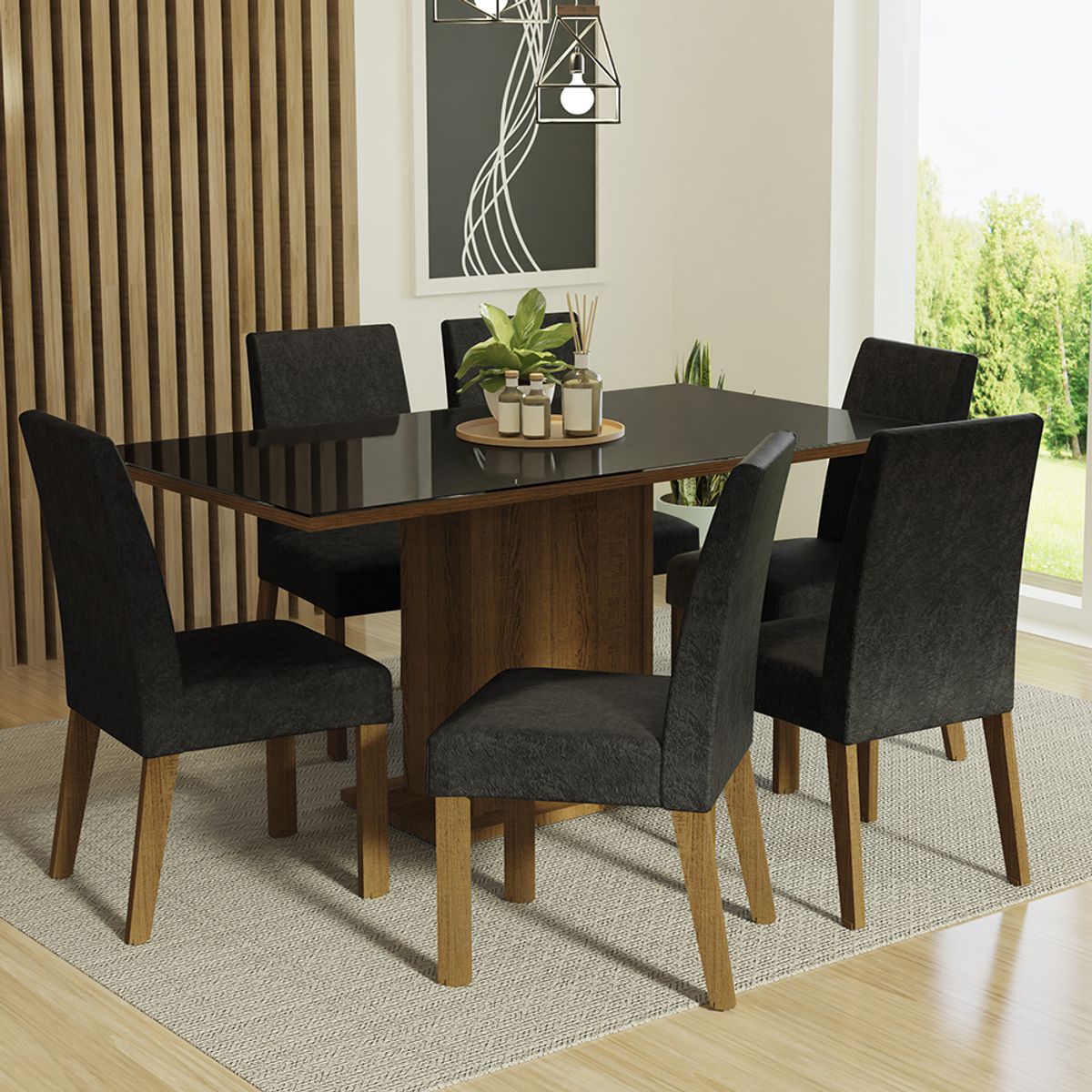 MADESA - Juego de Comedor Alexis 6 Sillas Oxford - Tablero de Madera y Cristal