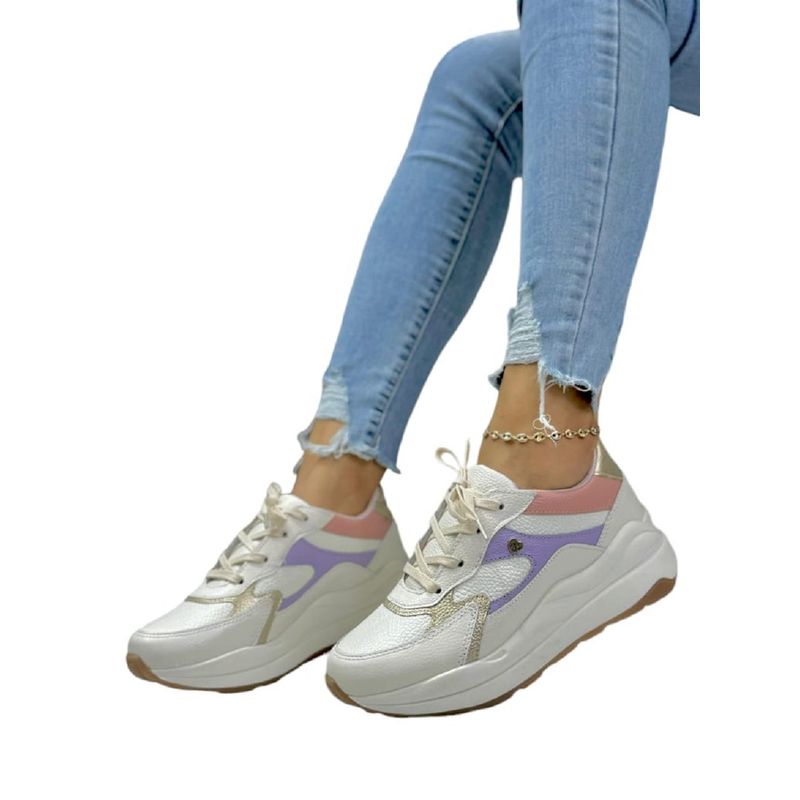 EVEGONZ - Zapato en Cuero Para Mujer Noa Blanco Combinado Tenis Casual
