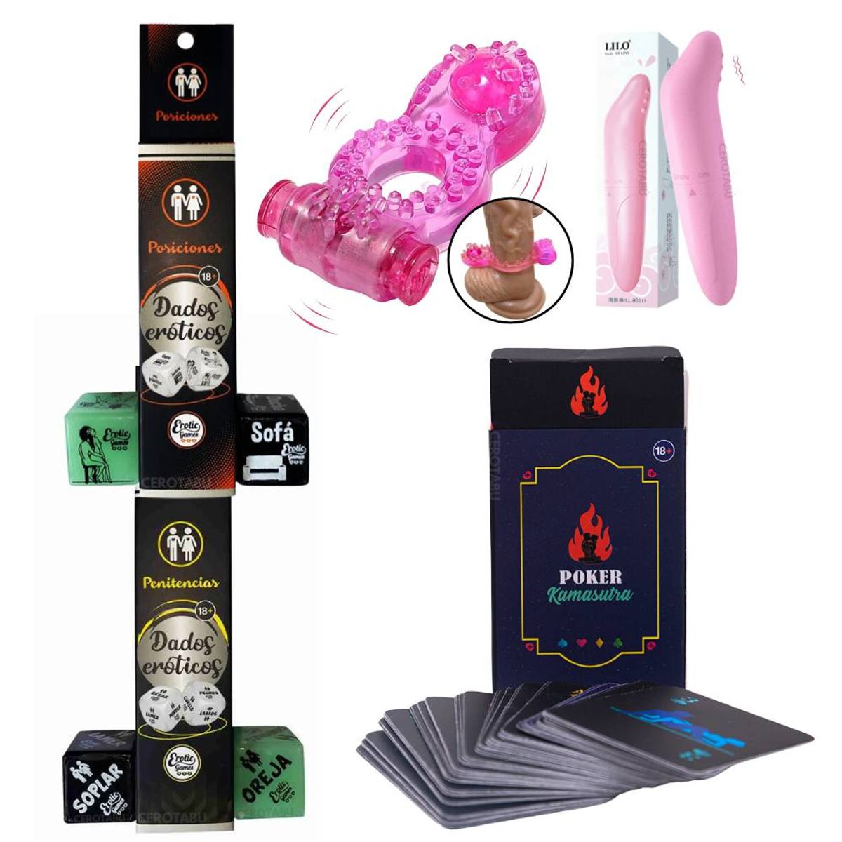 GENERICO - Kit Parejas x2 Vibrador Bala Y Anillo + Dados + Poker Kamasutra