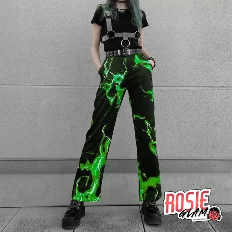 ROSIEGLAM - Pantalón Mujer Rayos  Verdes