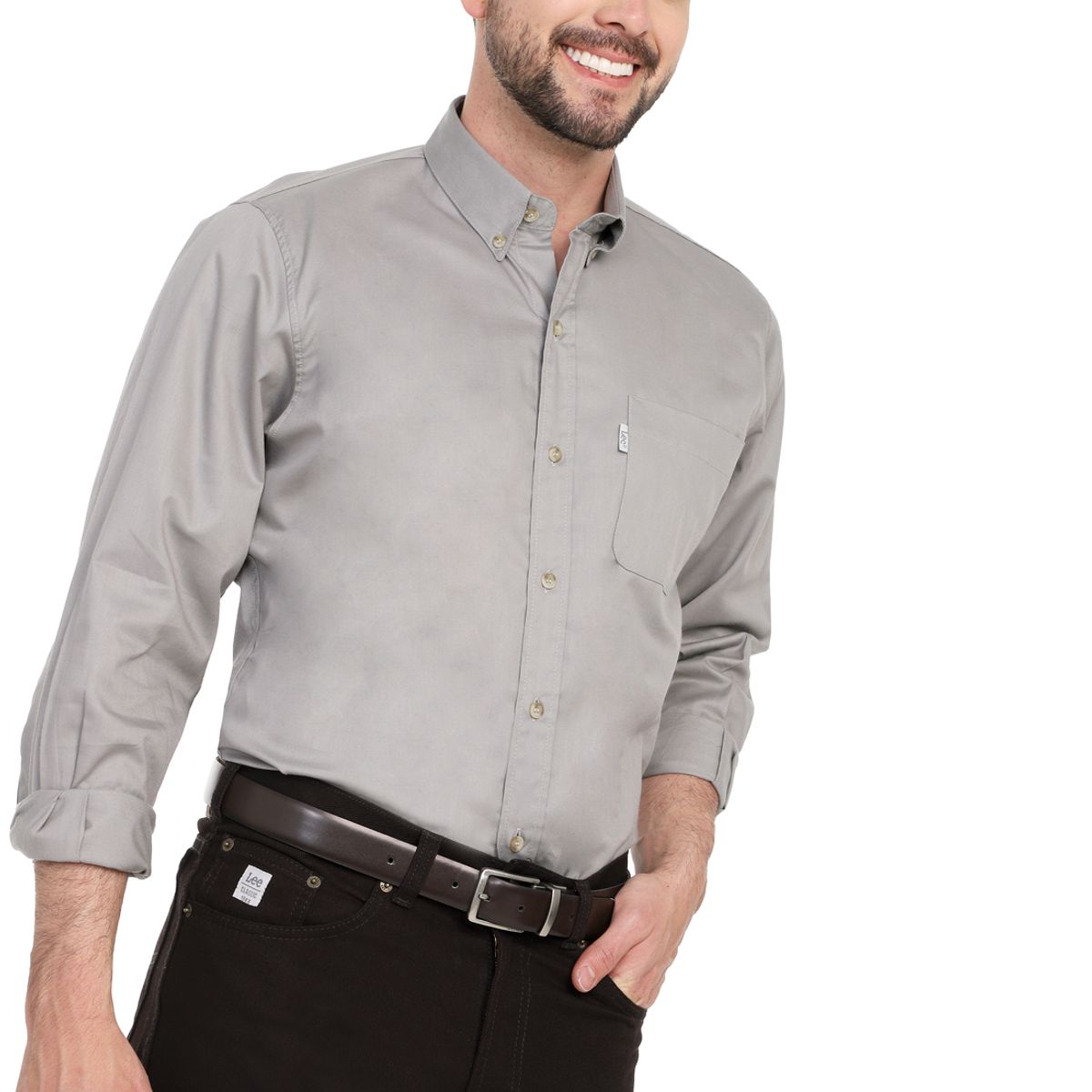 LEC LEE - Camisa Manga Larga Dril Lec Lee para Hombre - Gris Claro.-