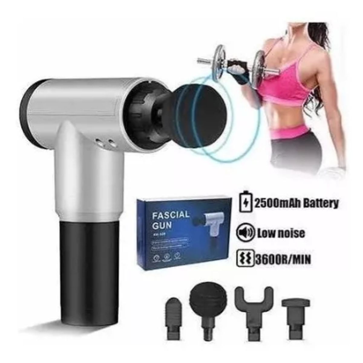 GENERICO - Pistola Fascial Gun Masajeador Muscular 4cabezales 6 Niveles_.