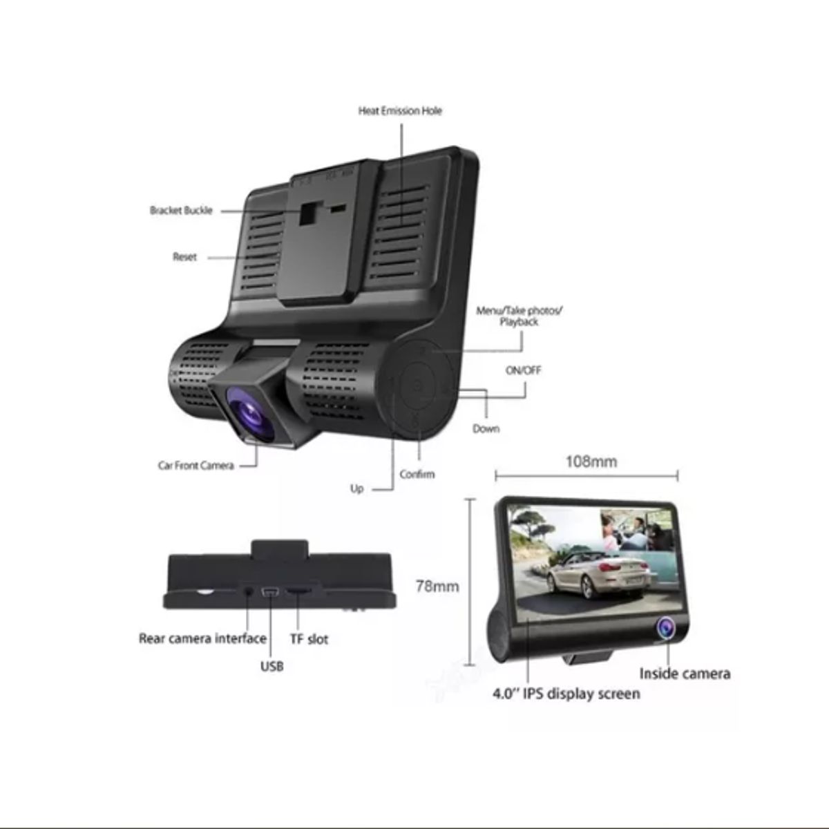 GENERICO - Cámara Carro DVR 3 en 1 Full HD Dual Cam