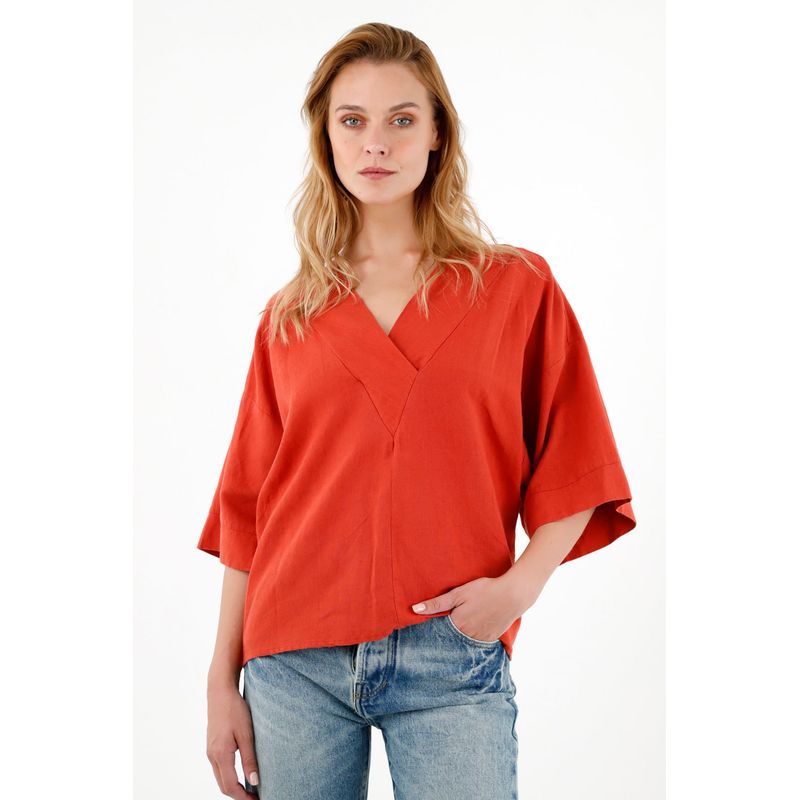 TENNIS - Camisa roja con escote en V para mujer