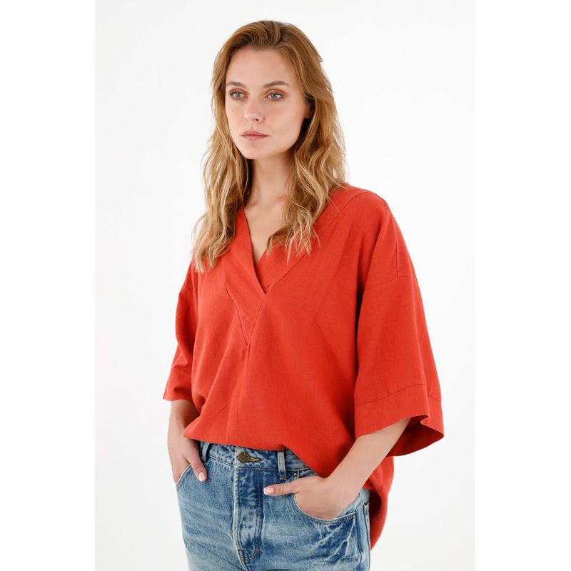 TENNIS - Camisa roja con escote en V para mujer