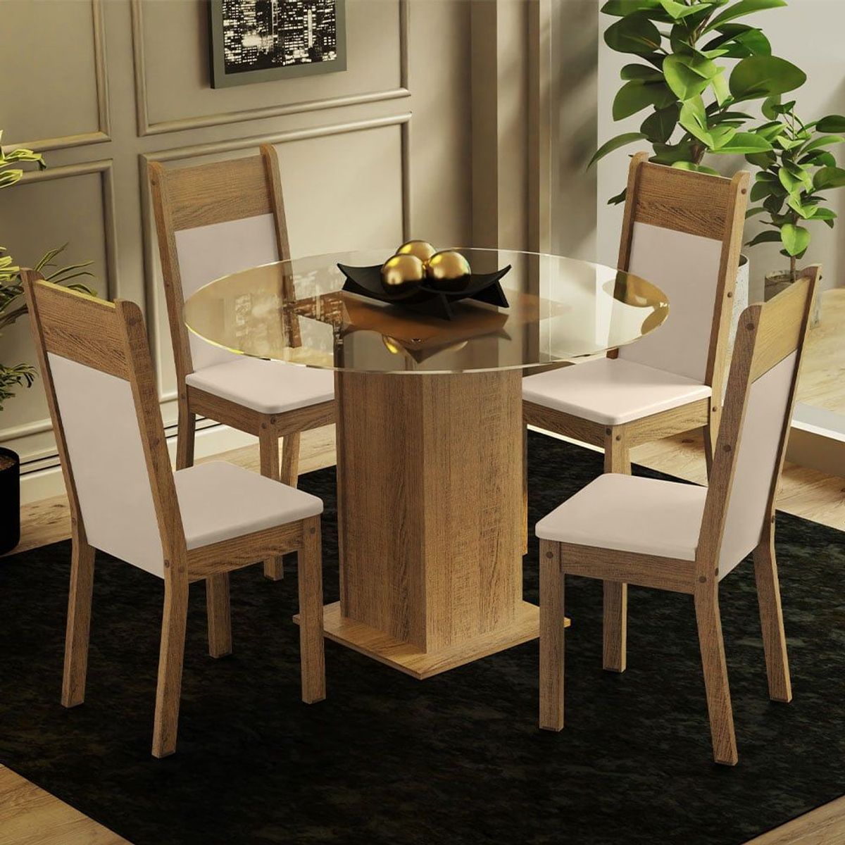 MADESA - Juego de Comedor Beta con 4 Sillas - Encimera Redonda de Cristal