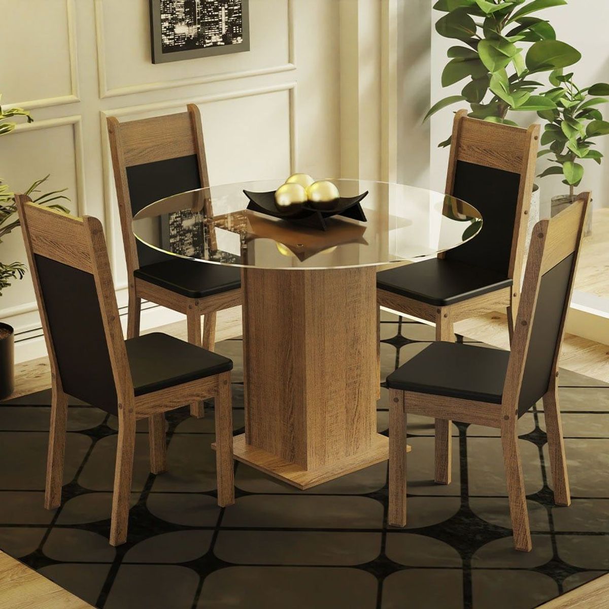 MADESA - Juego de Comedor Beta con 4 Sillas - Encimera Redonda de Cristal
