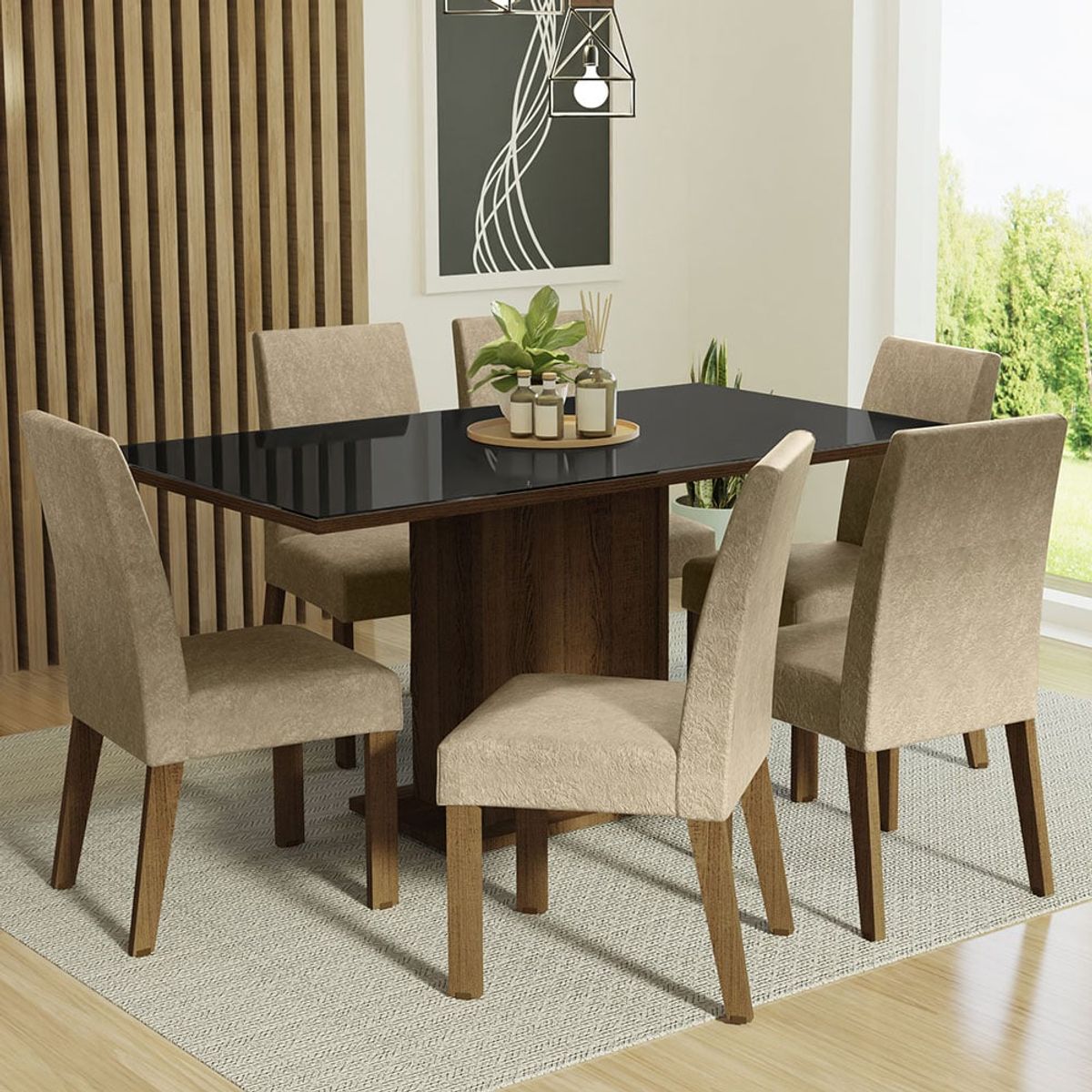 MADESA - Juego de Comedor Alexis con 6 Sillas - Tablero de Madera y Cristal