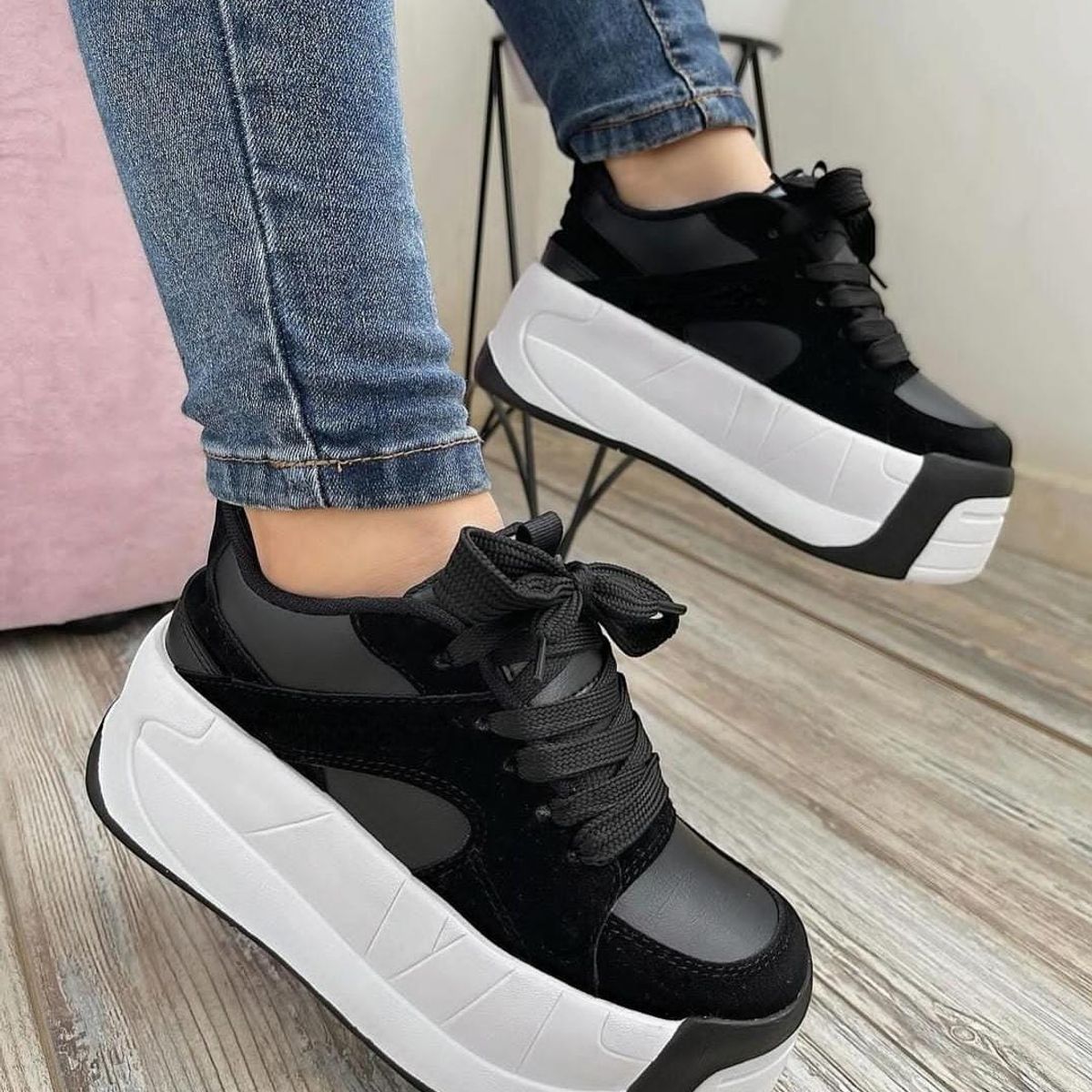 EVEGONZ - Zapato Plataforma Negro Tenis de Moda Femenina