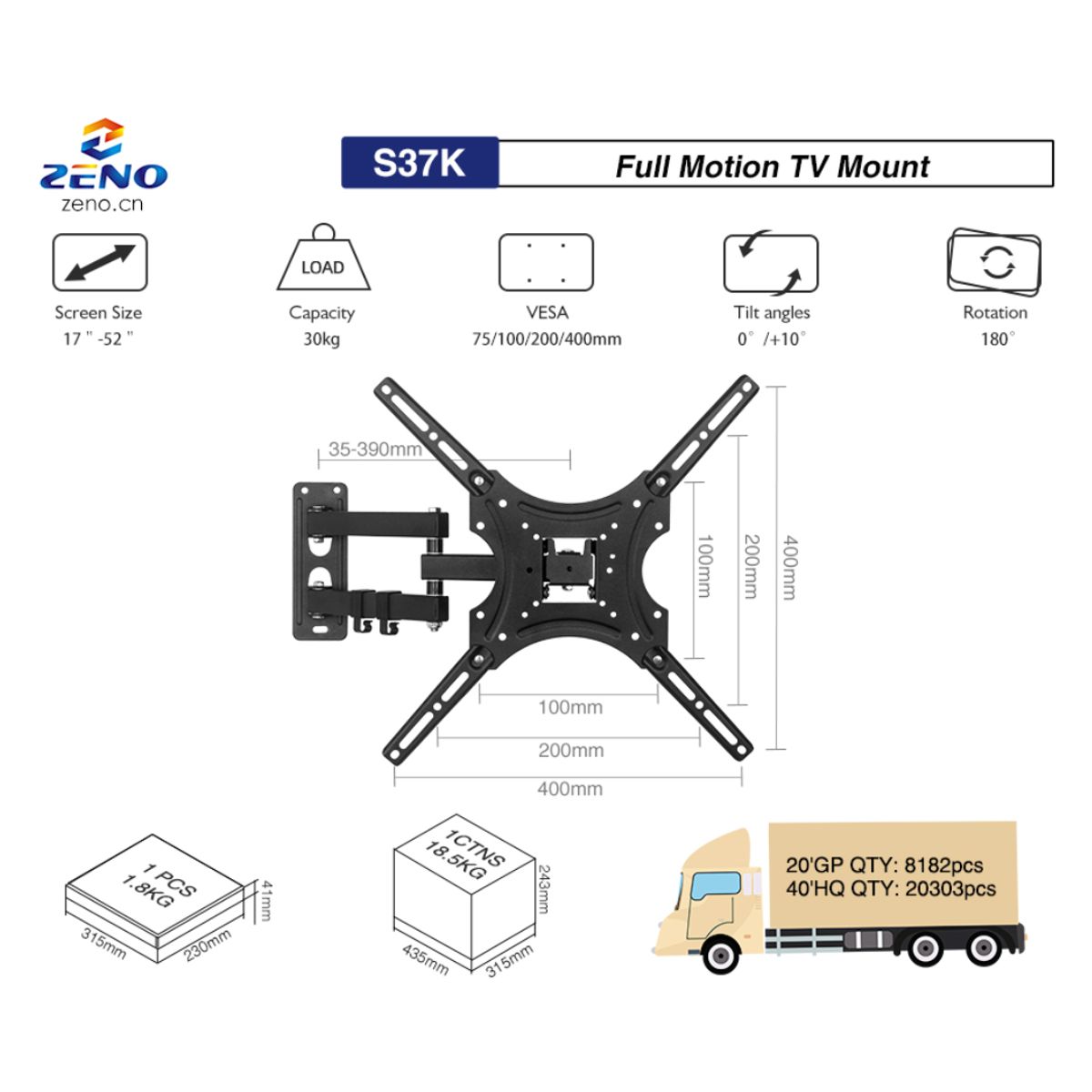GENERICO - Soporte Tv Giratotio De Brazo Zeno S37K De 26-55 Pulgadas