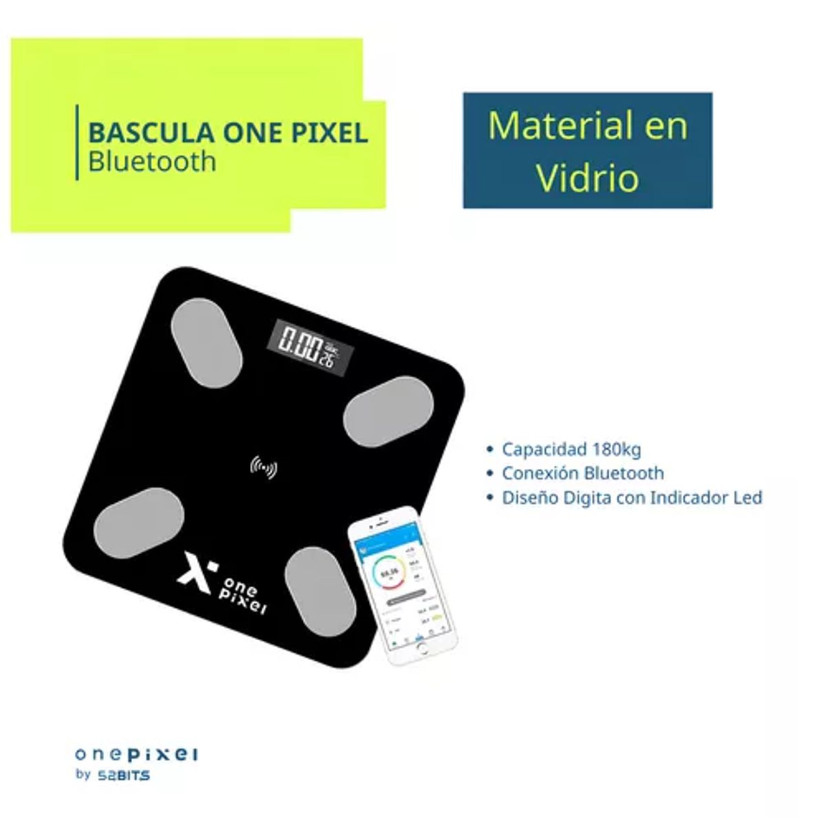 SKY - Bascula Balanza Pesa En Vidrio Digital Bluetooth One Pixel Color Negro