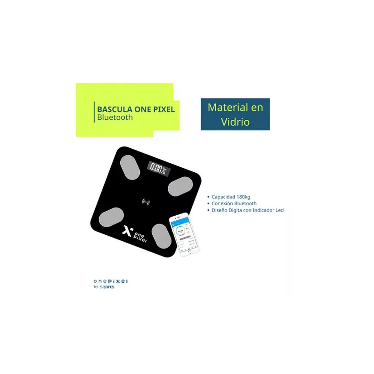 SKY - Bascula Balanza Pesa En Vidrio Digital Bluetooth One Pixel Color Negro