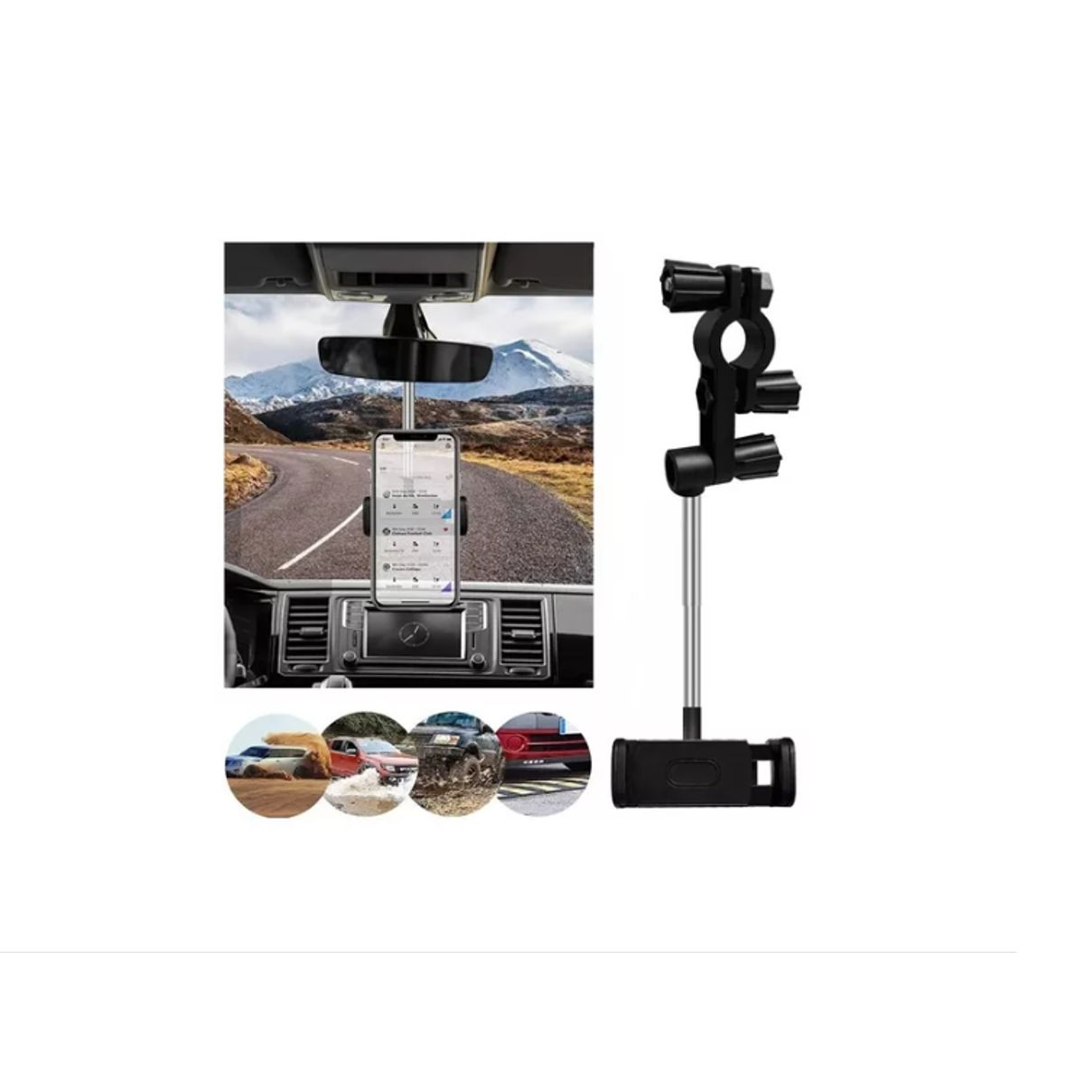 GENERICO - Soporte Celular Carro Espejo 2 En 1 Multiusos Brazo Metalico