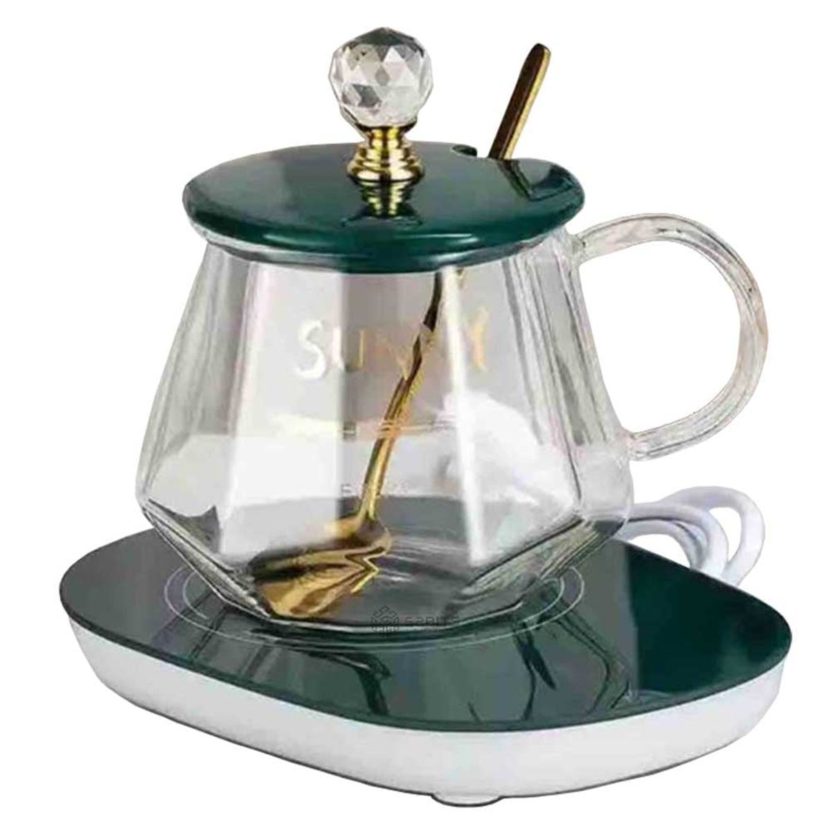 ONE PIXEL - Taza De Vidrio Calentador Electrico Resiste Calor Con Cuchara Verde