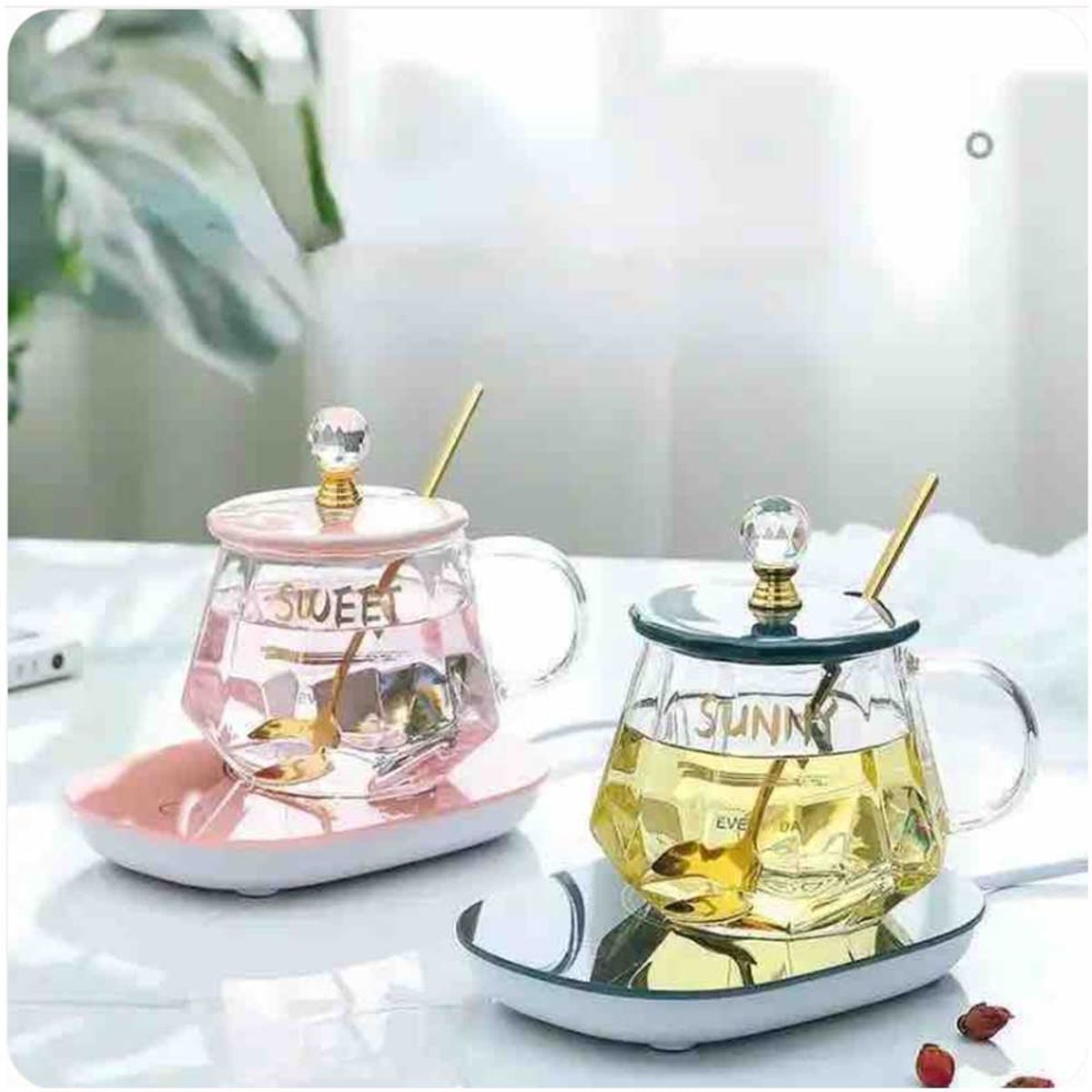 ONE PIXEL - Taza De Vidrio Calentador Electrico Resiste Calor Con Cuchara Verde