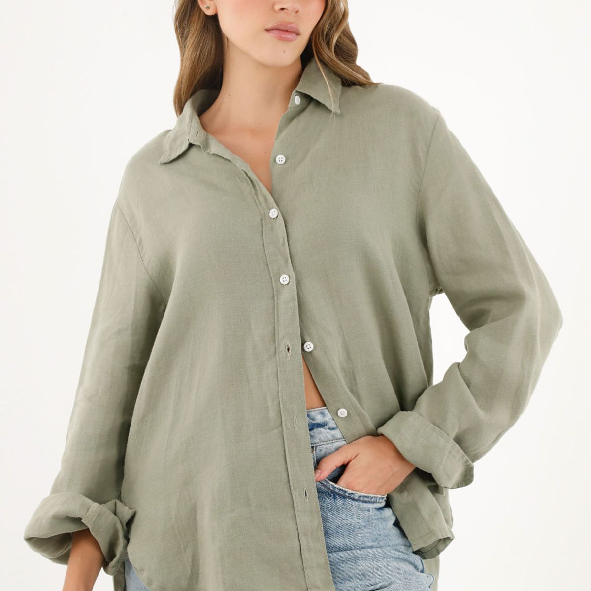 TENNIS - Camisa 100% lino manga larga verde para mujer